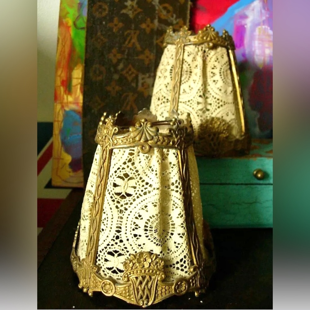 2 Vintage FRENCH Lace Metal CHANDELIER Lamp Shades Decor Styling Set Decoration